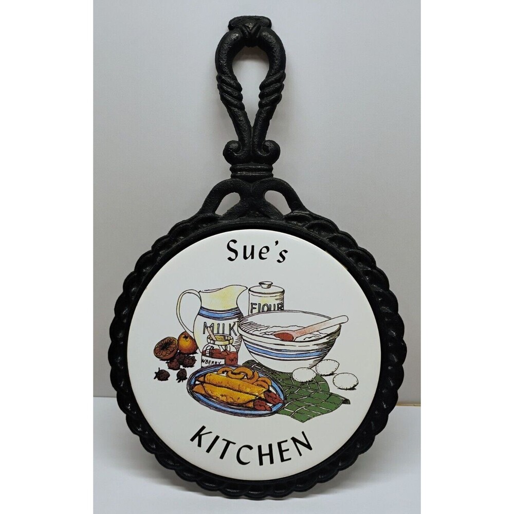 Vintage Orient Cast Iron Tile Trivet Personalized Sue's Kitchen Decor Wall Art
